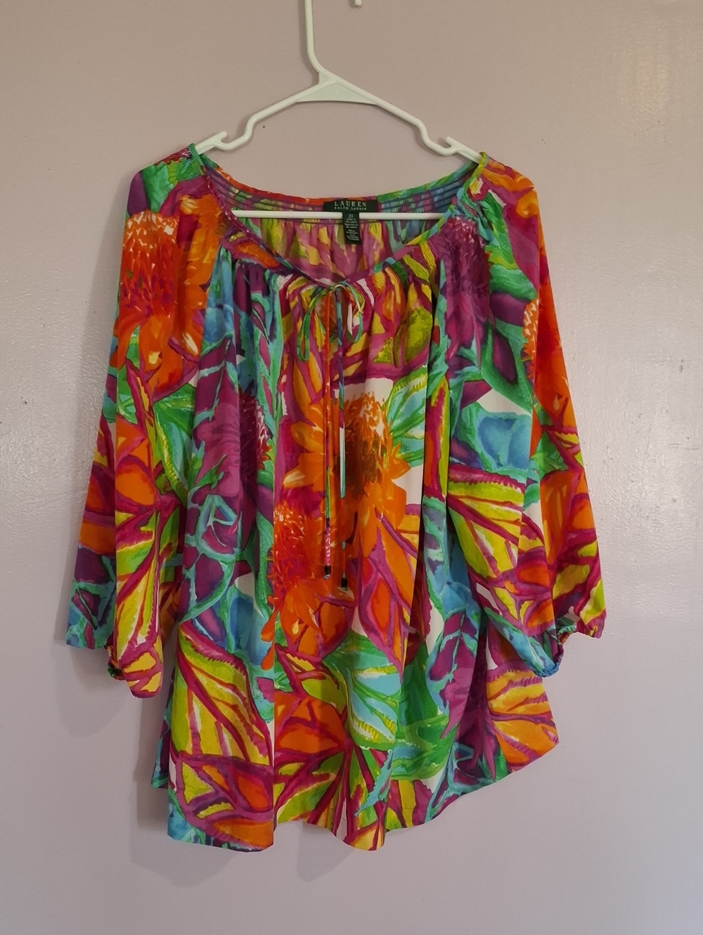 Lauren Ralph Lauren Vibrant Multicolor Floral Tie-Neck Blouse